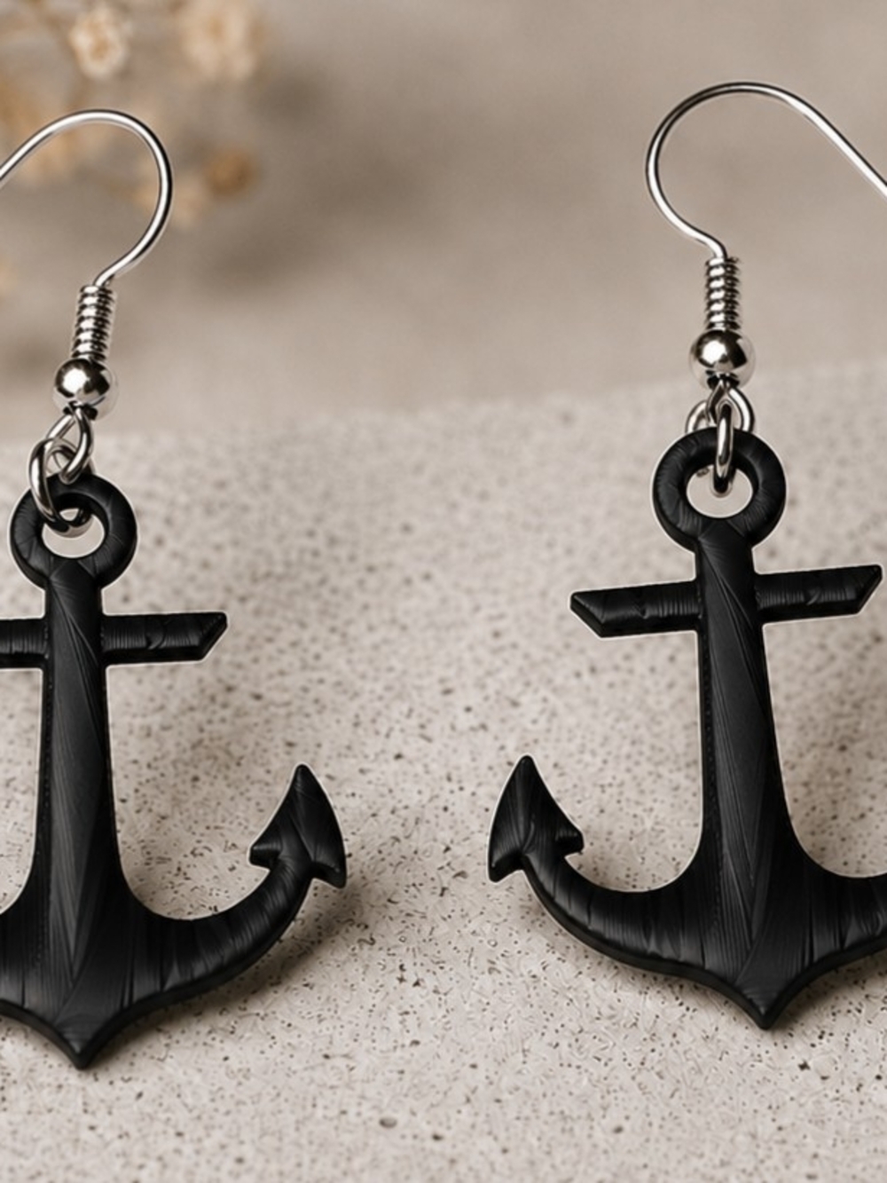 Black Anchor Drop Earrings for Women - Nautical Hook Style